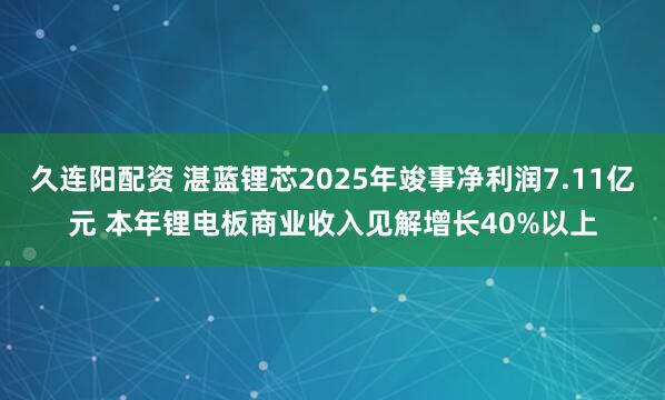 久连阳配资 湛蓝锂芯2025年竣事净利润7.11亿元 本年锂电板商业收入见解增长40%以上